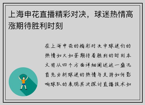 上海申花直播精彩对决，球迷热情高涨期待胜利时刻