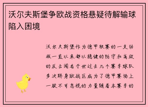 沃尔夫斯堡争欧战资格悬疑待解输球陷入困境